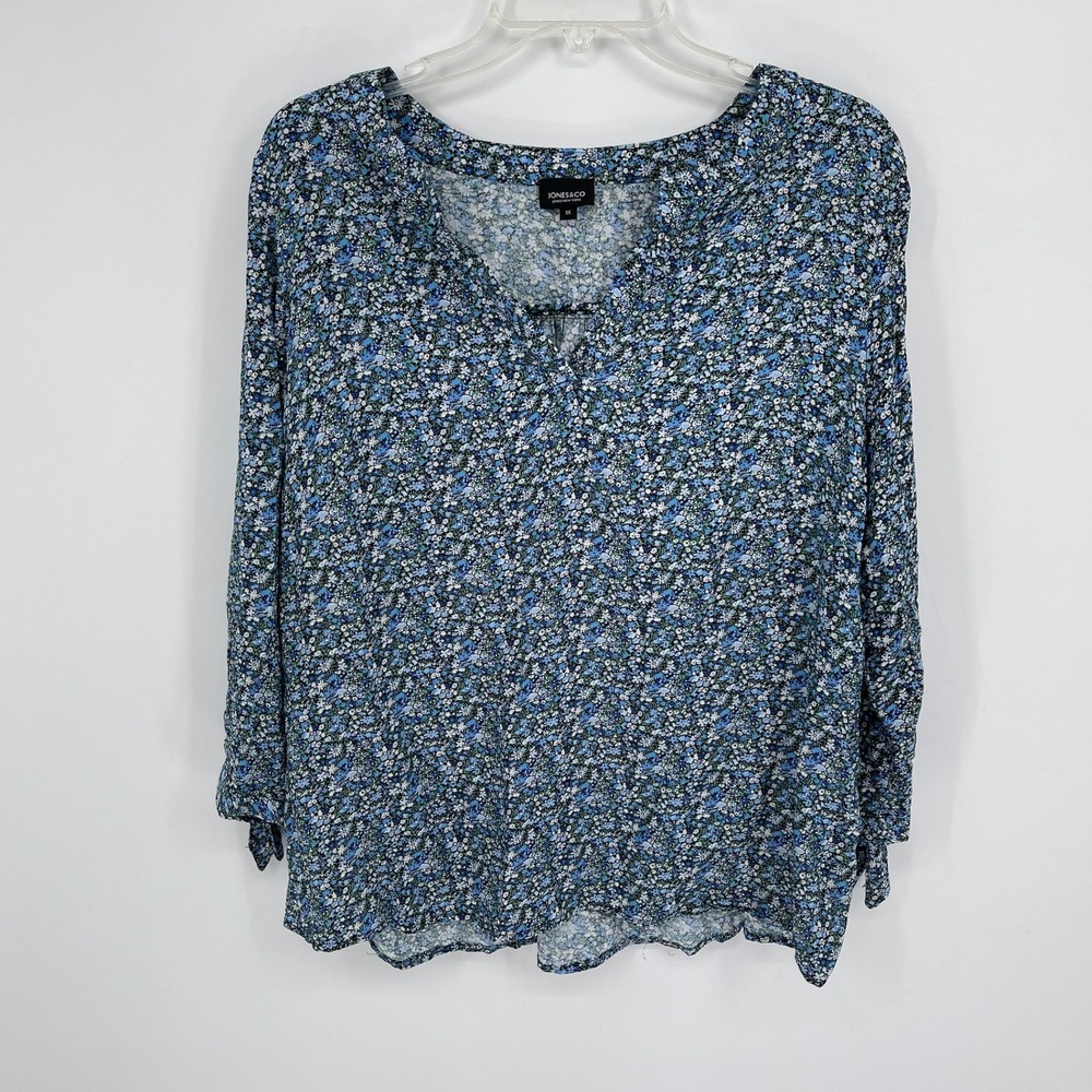 Jones & Co Women's Blue Ditsy Floral Tie Cuff V-Neck Long Sleeve Blouse Size 1X